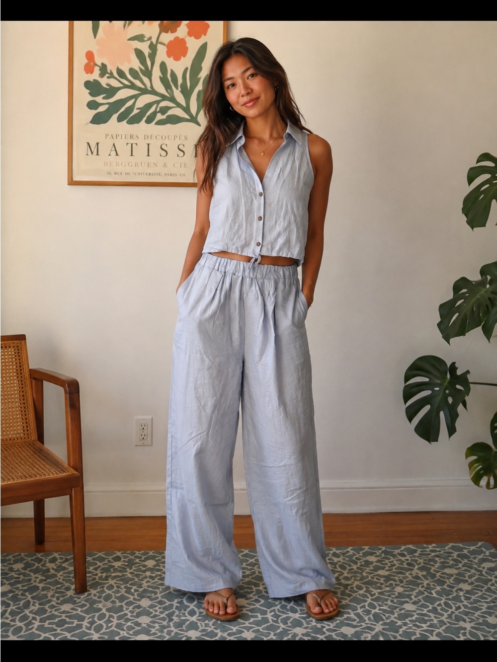 Double Zero Light Blue Sleeveless Button-Front Crop Top & Wide-Leg Pants Set